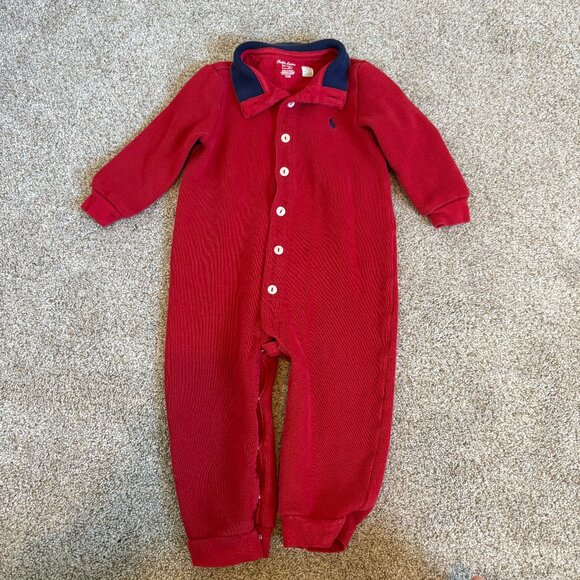 Ralph Lauren Baby One-Piece Coverall Collar Red Size 18 months Preppy Luxury - Picture 2 of 9
